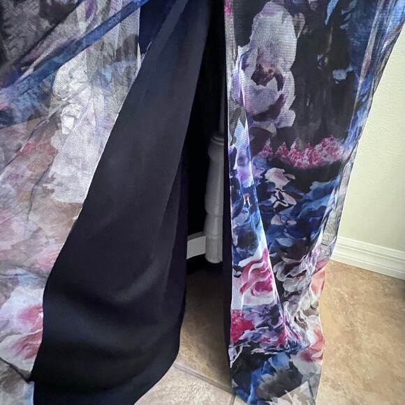 Adrianna Papell V-Neck Floral Printed Tulle Gown Party Dress Slit Women's Sz 10 - Picture 5 of 8